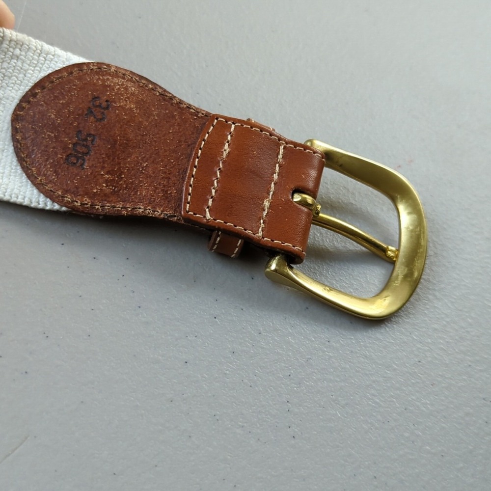 VTG Lands End Waist Belt Elastic Leather White USA 32 Brass Cotton Coastal Yacht - Picture 5 of 6